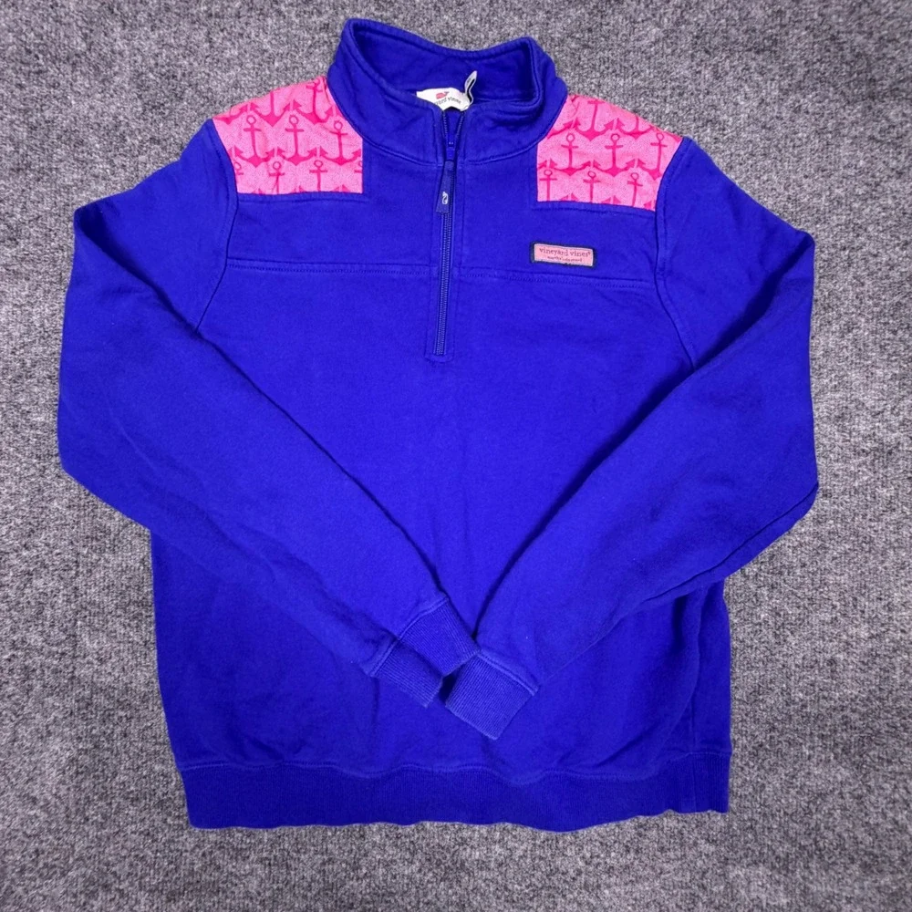 Vineyard Vines Kids XL 16 Blue Shep Shirt Pink Anchor 1/4 Zip Pullover